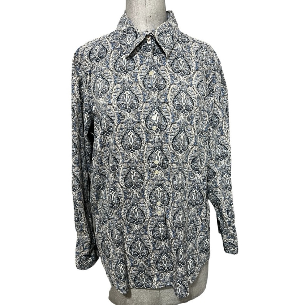 Tommy Hilfiger Blue & White Paisley Stretch Button Down Long Sleeve Top Size 18